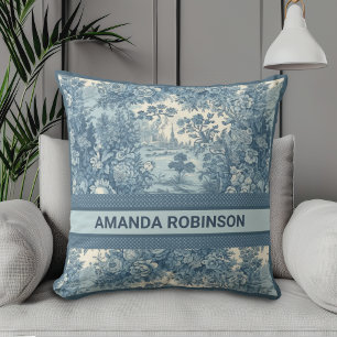Coussin Monogramme Toile de Jouy Floral Bleu Vintage