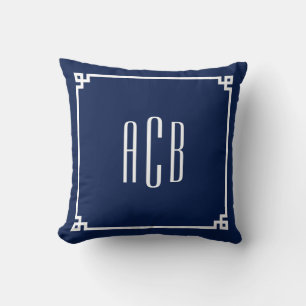 Coussin Monogramme Trois Lettres Navy et Blanc Clé Grecque