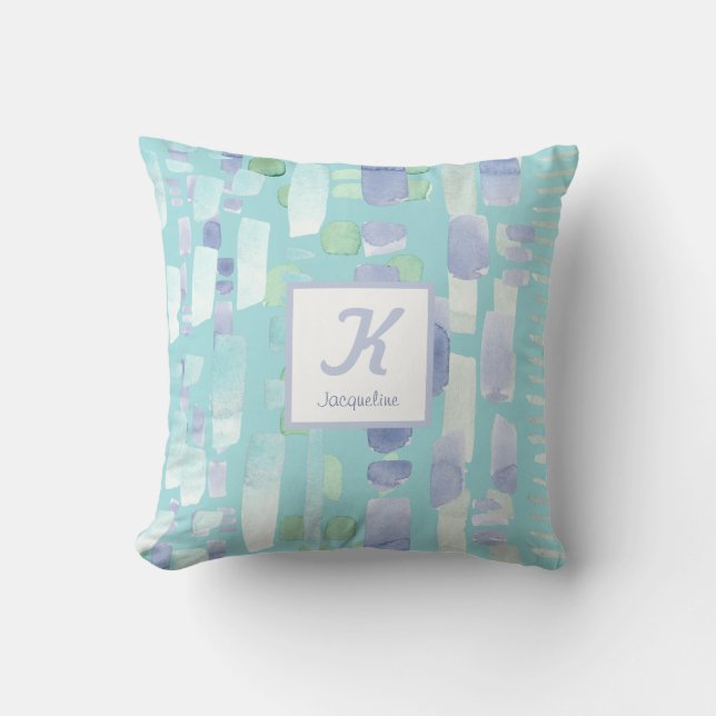 Coussin Monogramme Turquoise de pinceau d'aquarelle bleu m (Recto)