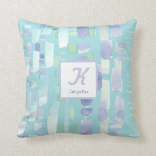 Coussin Monogramme Turquoise de pinceau d'aquarelle bleu m