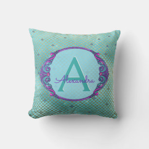 Coussin Monogramme turquoise vert et mauve de sirène