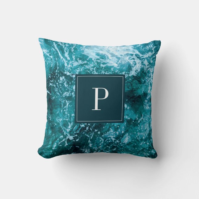 Coussin Monogramme Vagues de mer turquoise Nom Personnalis (Recto)