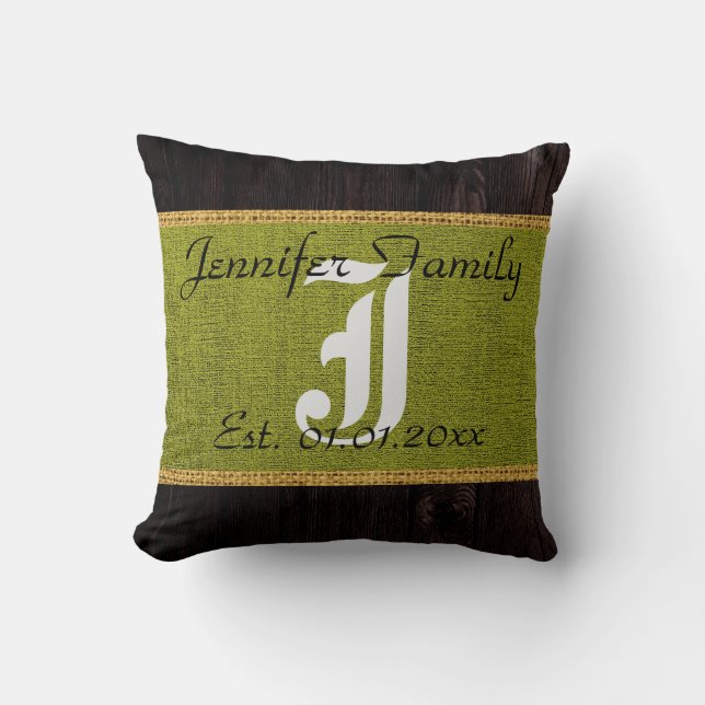Coussin Monogramme Vert Burlap Russe Linge en Bois Look (Recto)