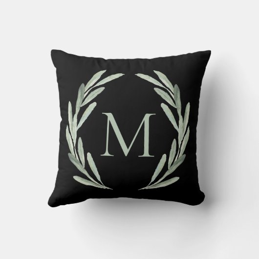 Coussin Monogramme vert de guirlande de branche d'olivier (Verso)
