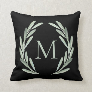Coussin Monogramme vert de guirlande de branche d'olivier