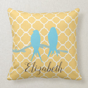 Coussin monogramme Vintage d'oiseau bleu-blanc quatrefol