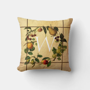Coussin monogramme vintage fruit design personnalisé jeté