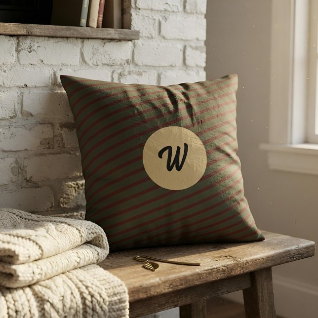 Coussin Monogramme vintage préppy vert sauge et rayures ro (Créateur téléchargé)