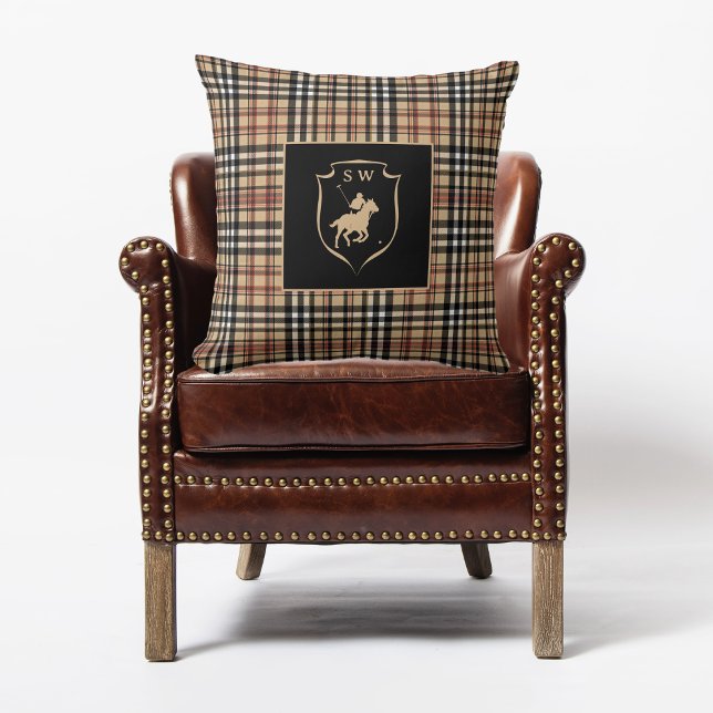 Coussin Monogrammed Classic Tartan Plaid Polo Mocha Brown (Créateur téléchargé)