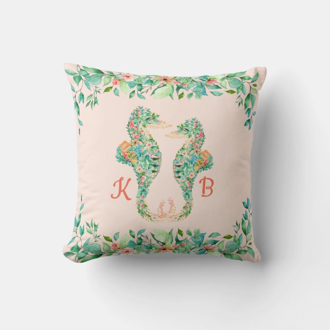 Coussin Monogrammes de couple de hippocampes floraux tropi (Recto)