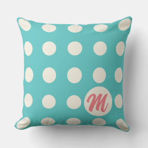 Coussin Monogrammes Pois en blanc doux sur Turquoise
