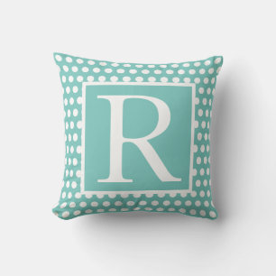 Coussin Monogrammes Turquoise Bleu Blanc Poka Dots Cadeau