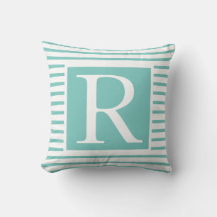 Coussin Monogrammes Turquoise Bleu Bleu Blancs Nom Cadeau 