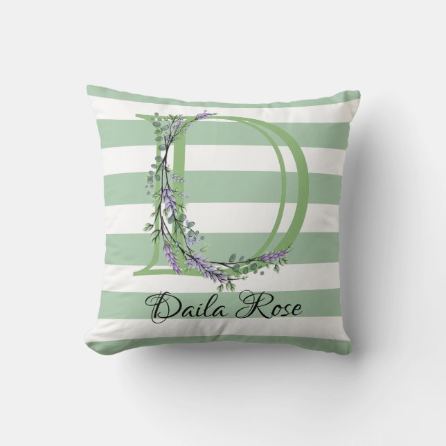 Coussin Monographie de bandes blanches vert sauge doux (Recto)