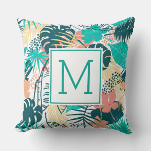 Coussin Monographie de collage coloré de feuilles tropicau