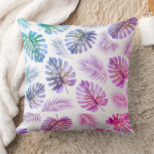 Coussin Monstera et feuilles de palmier pastel aquarelle