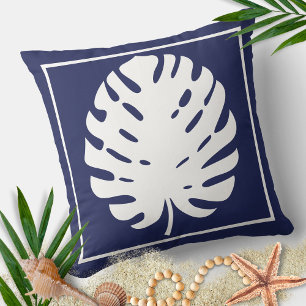 Coussin Monstera Leaf Marine Bleu et blanc Côte moderne