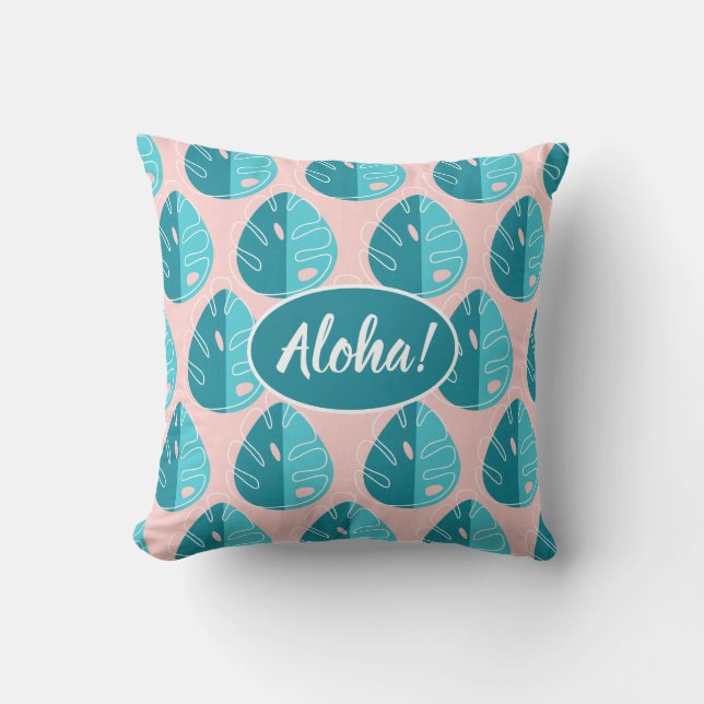 Coussin Monstera Leaves - Blue and Pink (Recto)