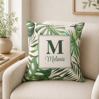 Coussin Monstera Tropical Nom et Initiale Personnalisés