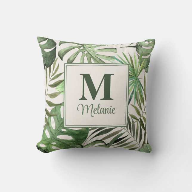 Coussin Monstera Tropical Nom et Initiale Personnalisés (Recto)