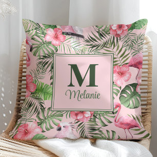 Coussin Monstera Tropicale et Monogramme de Flamant Rose
