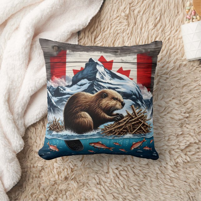 Coussin Montagne de neige, Océan, Castor canadien (Couverture)