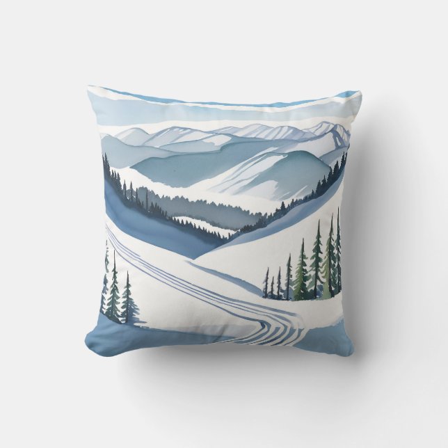 Coussin Montagne de ski aquarelle (Recto)