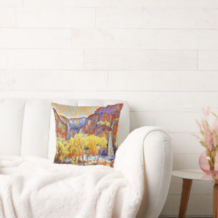 Coussin Montagnes Arbres Cascade Peinture à l'huile Abstra