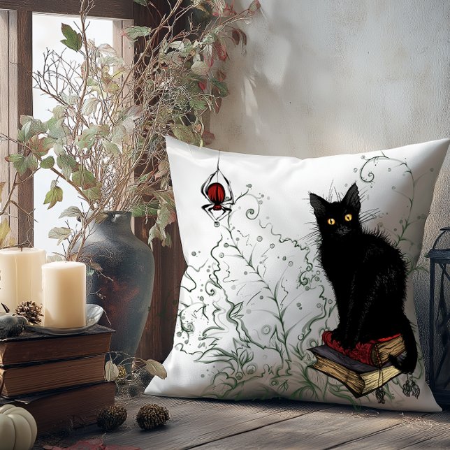 Coussin Moody Black Cat Halloween (Moody Black Cat Throw Pillow)
