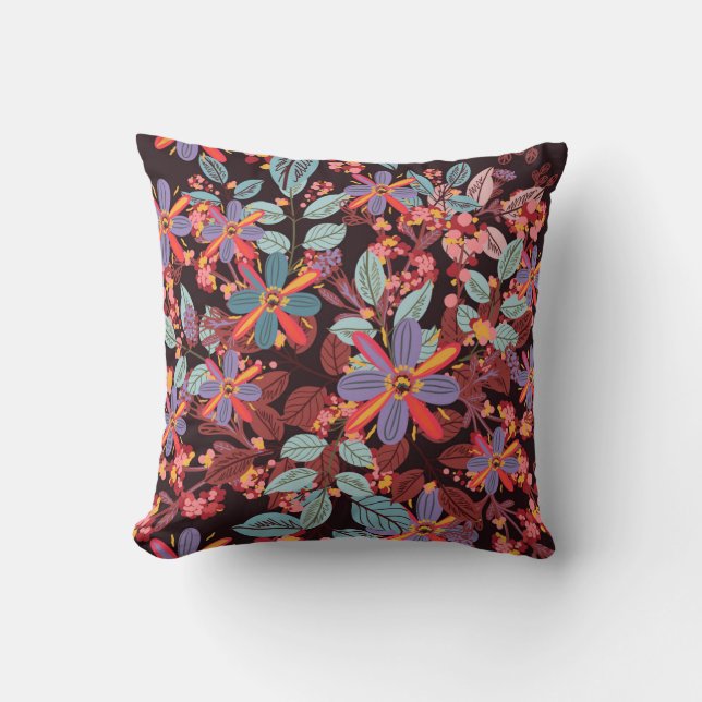 Coussin Moody Midnight Floral Folk Art Pattern Pillow (Recto)