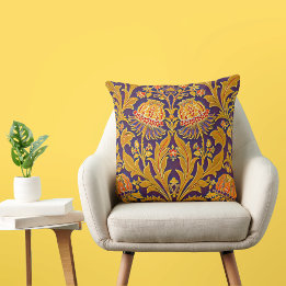 Coussin Morris botanique pourpre et or inspiré Floral