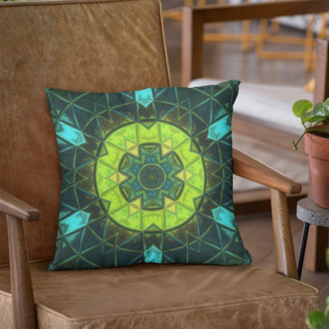 Coussin Mosaic Kaleidoscope Fleur Vert et Bleu (Créateur téléchargé)