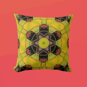 Coussin Mosaic Mandala Fleur jaune vert rouge et noir
