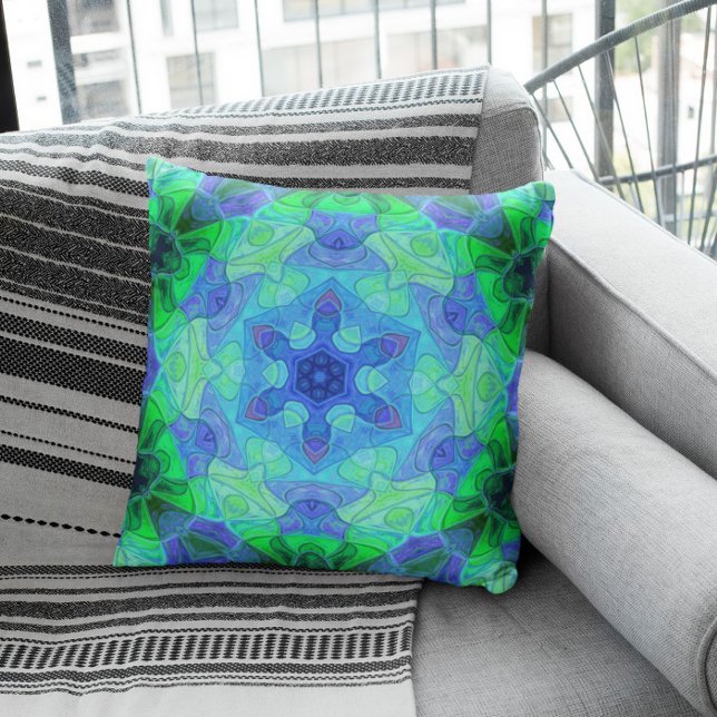 Coussin Mosaic Mandala Flower bleu et vert (Créateur téléchargé)