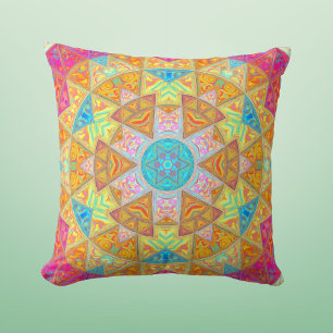 Coussin Mosaic Mandala jaune rose et bleu