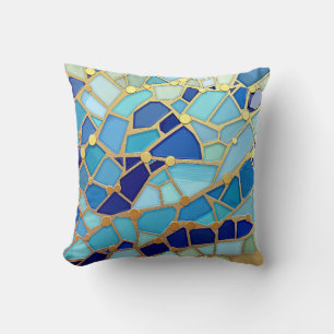 Coussin Mosaïque d'art fin bleu et or de la mer des vagues