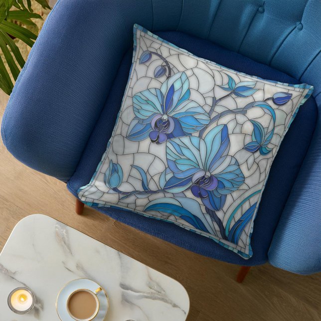 Coussin Mosaïque de fleurs d'orchidées bleues (Créateur téléchargé)