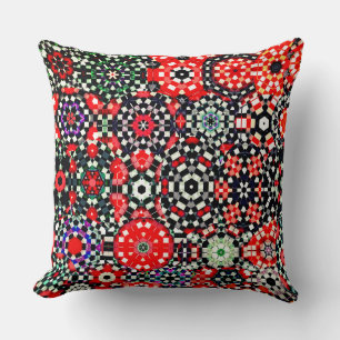 Coussin Mosaïque de kaléidoscope hexagone d'échecs, rouge