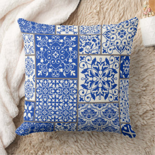 Coussin Mosaïque de majolique azulejo bleue et blanche méd