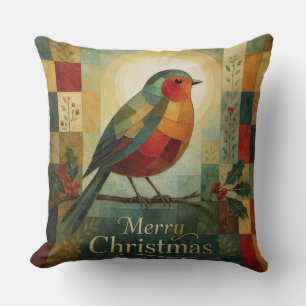 Coussin Mosaïque de Noël Robin Oiseau Houx Baie 