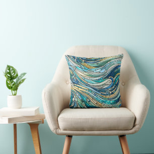 Coussin Mosaïque de teal de la mer des vagues Beaux-Arts