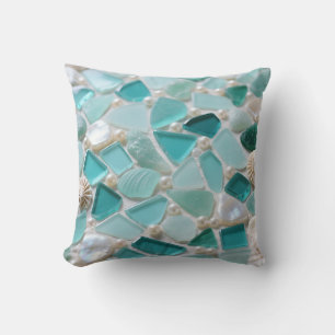 Coussin Mosaïque de verre de mer Charme côtier turquoise