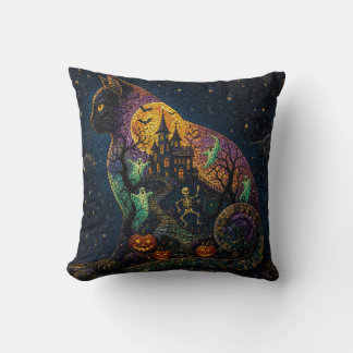 Coussin Mosaïque Halloween Château Hanté Chat Noir