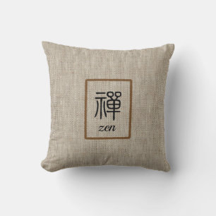 Coussin Mot et texte chinois zen sur imprimé burap beige