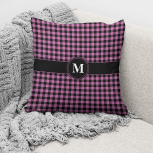 Coussin Motif à carreaux Gingham rose noir et monogramme