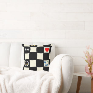Coussin Motif à carreaux ondulé rétro avec icônes gribouil
