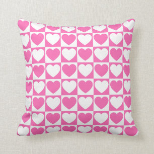 Coussin Motif À damiers rose et blanc aux coeurs