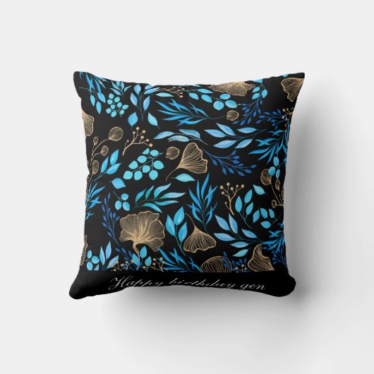 Coussin Motif à fleurs bleu et or Ajouter votre nom (Verso)