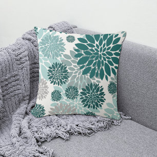 Coussin Motif à fleurs gris Turquoise Aqua