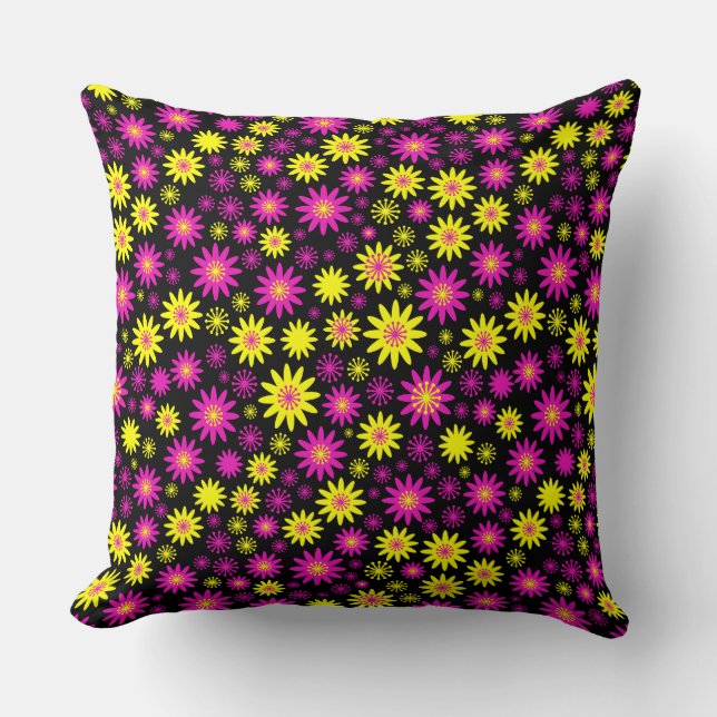 Coussin Motif à fleurs - Rose chaud, Jaune et Noir (Recto)